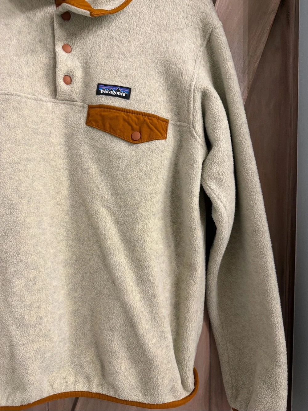 Patagonia Cream Fleece Pullover with Mustard Trim - Picture 3 of 7